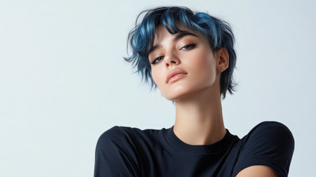 Close up of beautiful woman with white skin, blue short hair, wavy hair and a clear black t shirt, isolated in a light white studio. Portrait person.の素材