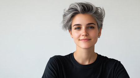 Close up of beautiful woman with white skin, grey short hair, wavy hair and a clear black t shirt, isolated in a light white studio. Portrait person.の素材