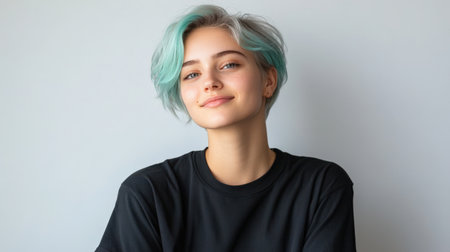 Close up of beautiful woman with white skin, blue short hair, wavy hair and a clear black t shirt, isolated in a light white studio. Portrait person.の素材