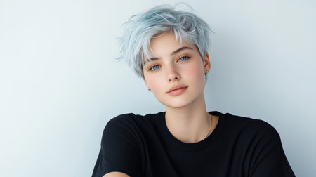 Close up of beautiful woman with white skin, blue short hair, wavy hair and a clear black t shirt, isolated in a light white studio. Portrait person.の素材