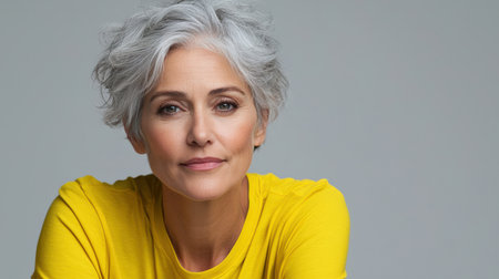 Close up of mature woman with white skin, grey short hair, wavy hair and a clear yellow t shirt, isolated in a light grey studio. Portrait person.の素材