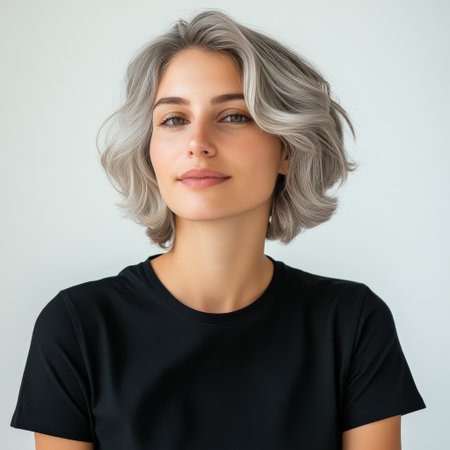 Close up of beautiful woman with white skin, grey short hair, wavy hair and a clear black t shirt, isolated in a light white studio. Portrait person.の素材