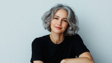 Close up of beautiful woman with white skin, grey short hair, wavy hair and a clear black t shirt, isolated in a light white studio. Portrait person.の素材