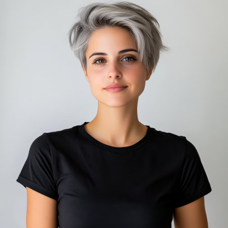 Close up of beautiful woman with white skin, grey short hair, wavy hair and a clear black t shirt, isolated in a light white studio. Portrait person.の素材