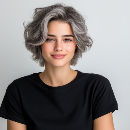 Close up of beautiful woman with white skin, grey short hair, wavy hair and a clear black t shirt, isolated in a light white studio. Portrait person.の素材