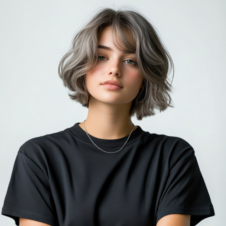 Close up of beautiful woman with white skin, grey short hair, wavy hair and a clear black t shirt, isolated in a light white studio. Portrait person.の素材