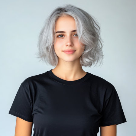 Close up of beautiful woman with white skin, grey short hair, wavy hair and a clear black t shirt, isolated in a light white studio. Portrait person.の素材