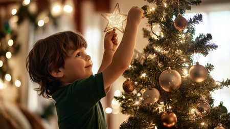 A child Wear a green shirt placing a star on top of a Christmas tree, with soft lights and ornaments sparkling all aroundの素材