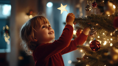 A child Wear a red shirt placing a star on top of a Christmas tree, with soft lights and ornaments sparkling all aroundの素材