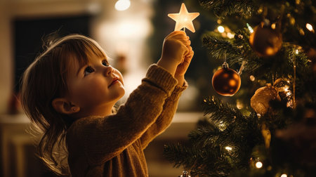 A child placing a star on top of a Christmas tree, with soft lights and ornaments sparkling all aroundの素材