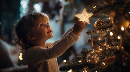 A child placing a star on top of a Christmas tree, with soft lights and ornaments sparkling all aroundの素材