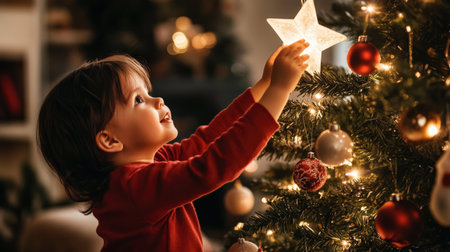 A child placing a star on top of a Christmas tree, with soft lights and ornaments sparkling all aroundの素材