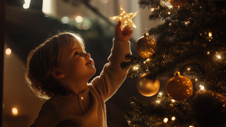 A child placing a star on top of a Christmas tree, with soft lights and ornaments sparkling all aroundの素材