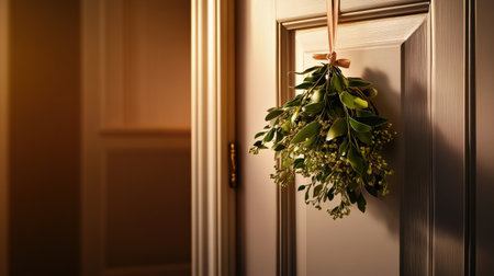 Mistletoe hanging in the doorway, ready for a holiday kiss during a festive gatheringの素材