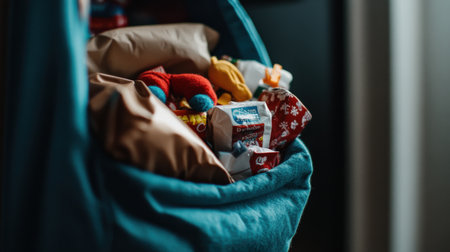 A Christmas stocking stuffer filled with toys, candy, and small gifts, ready to be opened on Christmas morningの素材