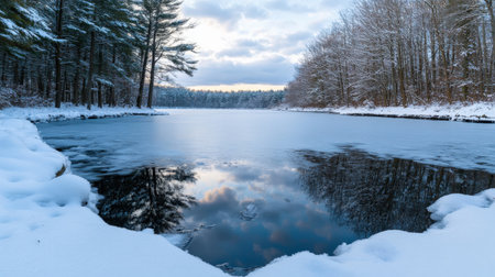 A magical winter wonderland with snow-covered trees, a frozen lake, and peaceful, soft snowfallの素材