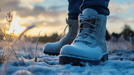 Winter boots covered in fresh snow, perfect for a walk through the frosty landscapeの素材