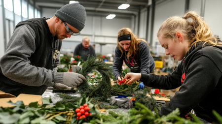 Holiday crafts like homemade wreaths and painted ornaments, being created during a festive afternoonの素材