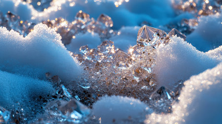 A close-up of sparkling snow glistening in the morning sunlight, covering the ground in a shimmering blanketの素材