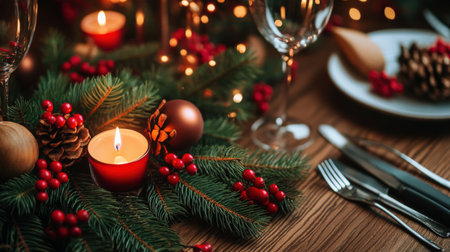 A holiday centerpiece with pine branches, candles, and red berries, creating a festive dining table decorationの素材