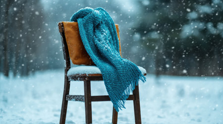 A winter scarf draped over a chair, ready to be worn on a brisk winter walk through the snowの素材