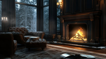 A warm fireplace with a crackling fire, perfect for cozying up with a book and hot chocolateの素材