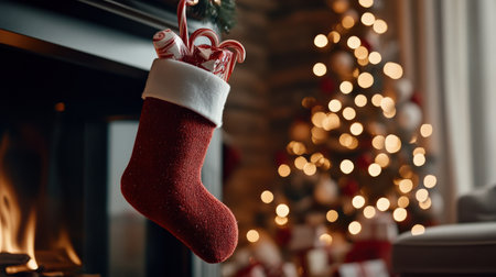 A Christmas stocking filled with small gifts, candy canes, and holiday treats hanging above the fireplaceの素材