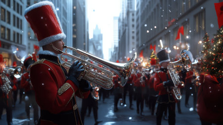 A Christmas parade with festive floats, marching bands, and holiday cheer filling the streetsの素材