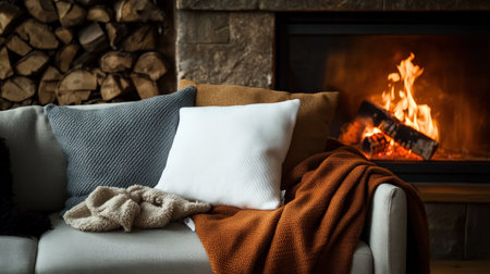 Warm blankets and soft pillows on a couch in front of the fireplace, perfect for cozying up on a cold nightの素材