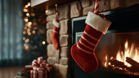 A Christmas stocking filled with small gifts, candy canes, and holiday treats hanging above the fireplaceの素材