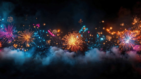 New Year's Eve fireworks display bursting into vibrant colors, lighting up the night skyの素材