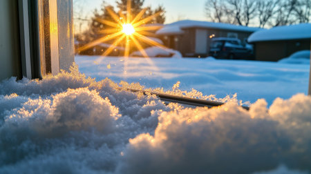 A frosty morning with snowflakes on the windowpane and sunlight reflecting off the fresh snow outsideの素材