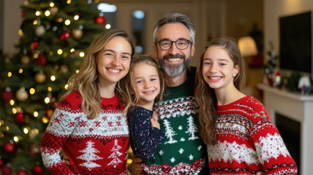 A family holiday photo in front of a decorated tree, everyone wearing matching festive sweaters and smilesの素材