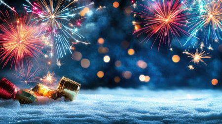 Midnight fireworks lighting up the sky in celebration of the New Year, casting colorful reflections on the snowの素材