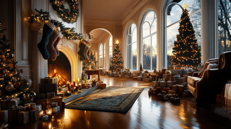 Holiday spirit fills the room as stockings are hung, gifts are wrapped, and the scent of gingerbread fills the airの素材