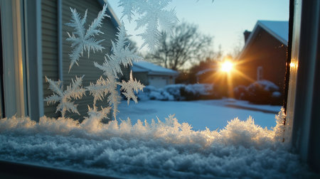 A frosty windowpane covered in delicate snowflakes, looking out onto a snowy yardの素材
