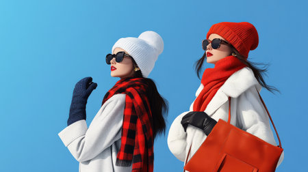 Holiday fashion with stylish winter coats, scarves, and gloves, perfect for braving the chilly weatherの素材