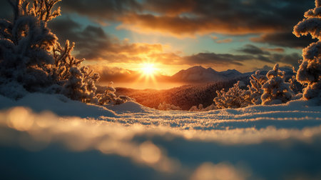 Winter solstice sunrise casting a warm glow over a snowy landscape, creating a peaceful, golden sceneの素材