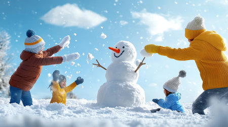 A family playing in the snow during their winter vacation, building snowmen and having snowball fightsの素材