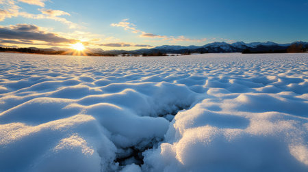 Winter landscape with snow-covered fields, frozen lakes, and mountains in the distanceの素材
