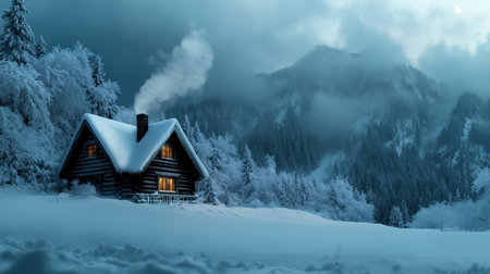 A cozy log cabin in the snow, smoke rising from the chimney, nestled in a quiet winter forestの素材