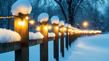 Festive holiday lights strung along a snowy fence, creating a magical winter evening sceneの素材