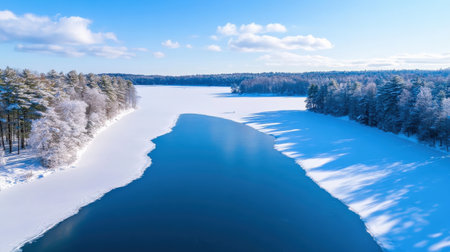 A frozen lake in the heart of a snow-covered forest, perfect for ice skating and winter funの素材