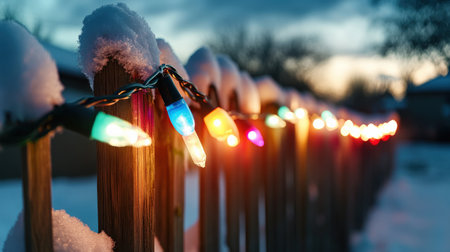 Festive holiday lights strung along a snowy fence, creating a magical winter evening sceneの素材