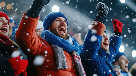 Football fans cheering in the stands, bundled up in winter coats and scarves during a chilly holiday gameの素材