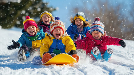 Children sledding down a snow-covered hill, bundled up in colorful winter gear and laughingの素材