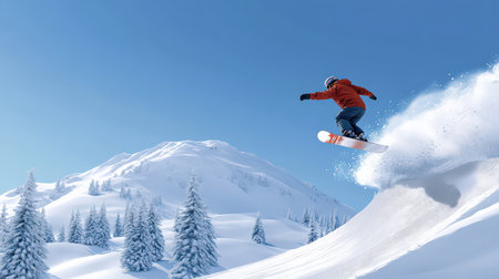 Snowboarder catching air while jumping off a snowy ramp, surrounded by white mountains and pine treesの素材