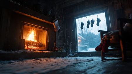 A glowing fireplace in a cabin, casting warmth as stockings hang on the mantle and snow falls outsideの素材