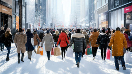Crowds of people holiday shopping, walking through snow-covered streets with arms full of shopping bagsの素材