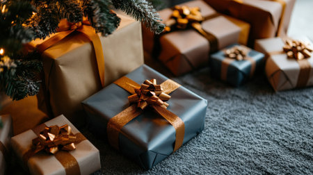 Beautifully wrapped holiday gifts with shiny paper and bows, placed under the Christmas treeの素材